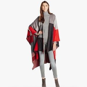 Colorblock Open Front Wrap Poncho - Red & Gray